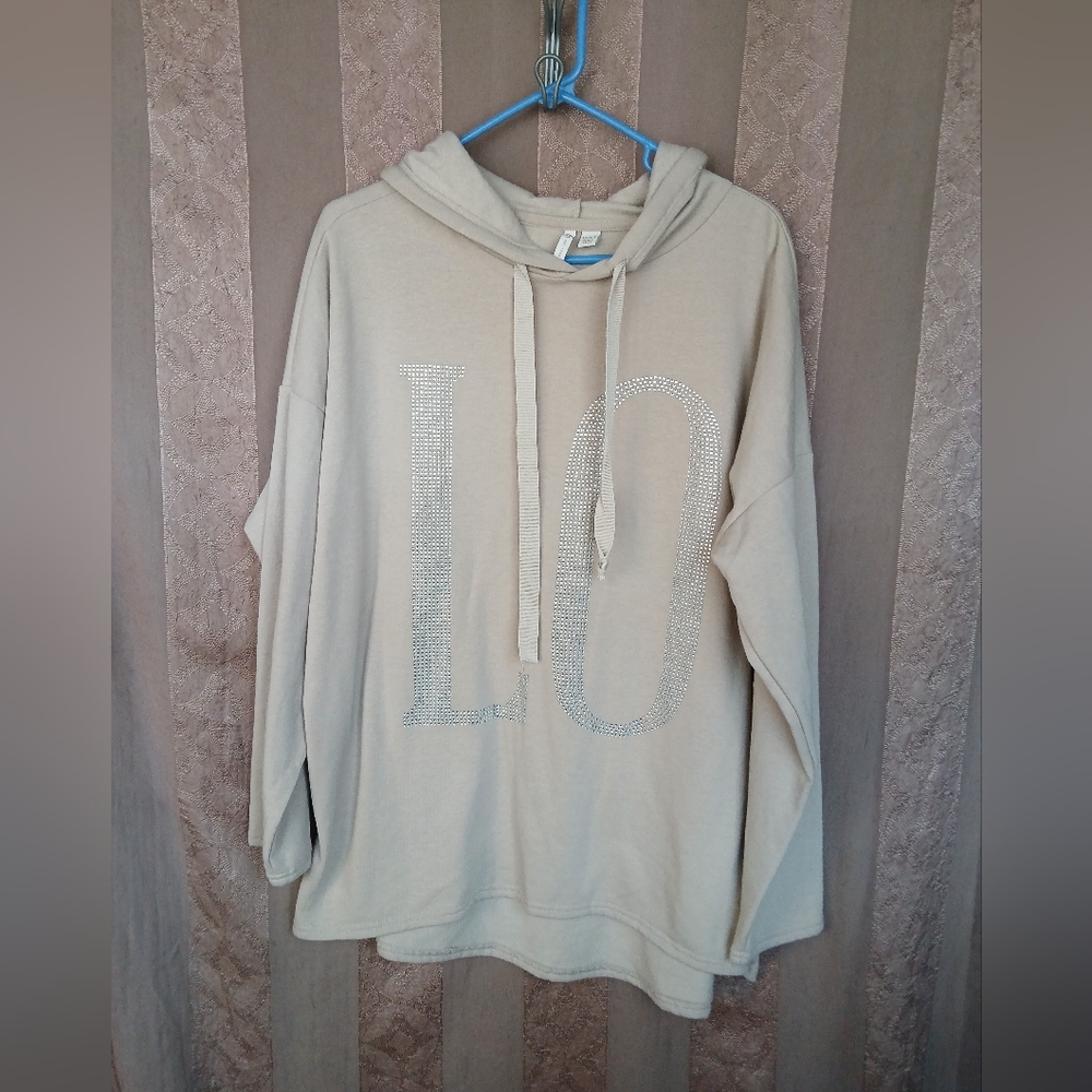 💎 CATO Women's Top Beige Rhinestone LOVE Hoodie Sweatshirt Plus - Picture 1 of 10
